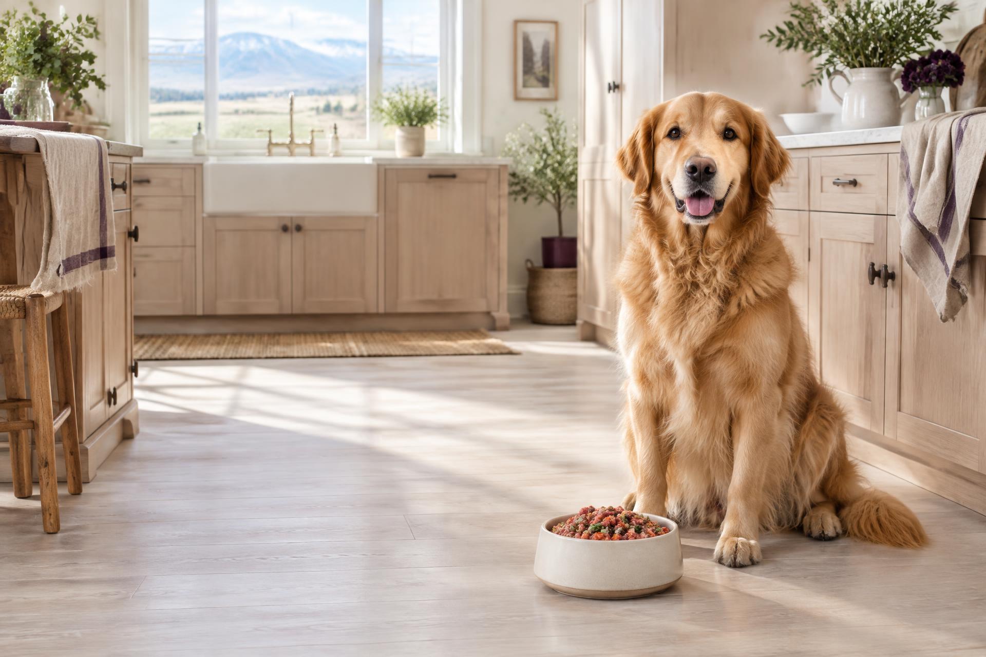 A dog waiting beside a bowl of Pupper Supper raw dog food