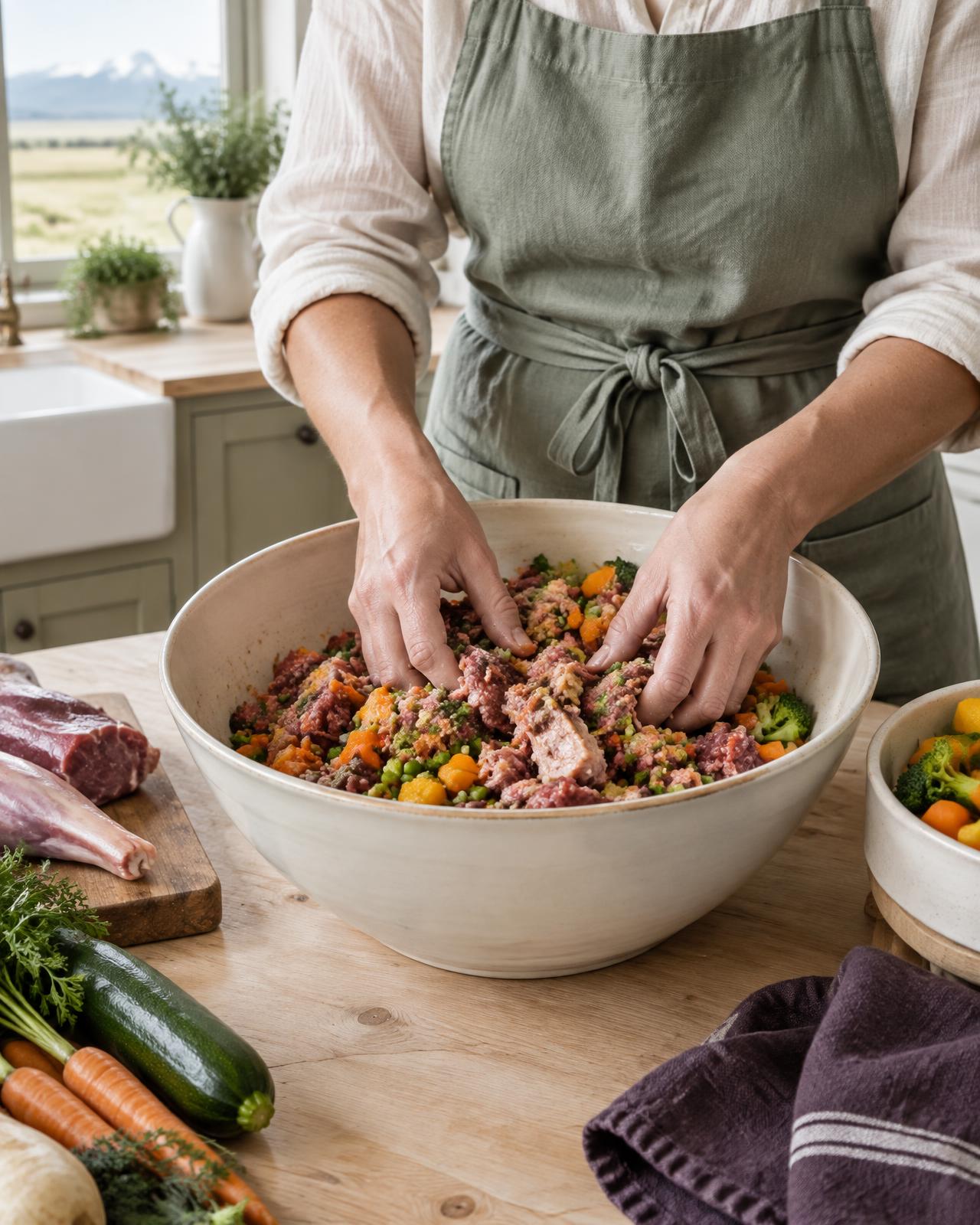 Fresh Pupper Supper dog food being mixed by hand in a farmhouse kitchen